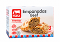 PAISA Empanadas Beef packaging box showing two golden-brown stuffed empanadas on a white background with red and blue accents.