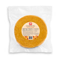 A vacuum-sealed package of round corn tortillas on a white background. The package has a clear plastic bag with a circular label in the center reading &