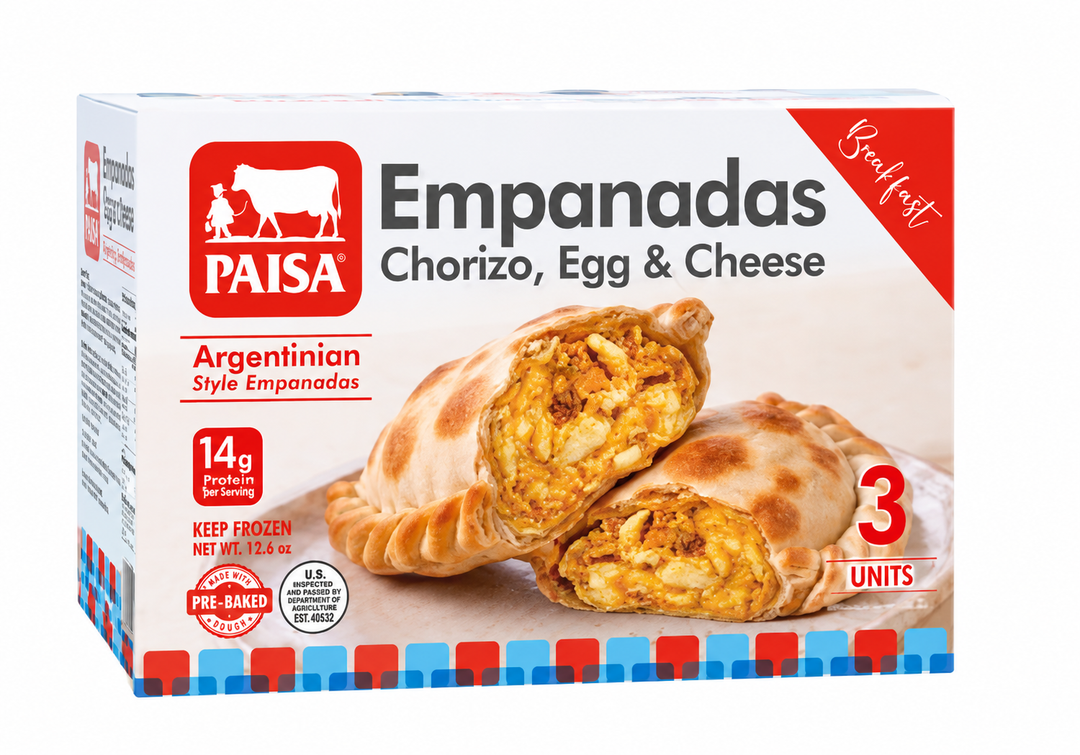 A box of PAISA Empanadas Chorizo, Egg & Cheese, featuring three golden-brown empanadas with a cheesy chorizo filling shown on the front packaging.