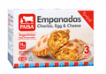 A box of PAISA Empanadas Chorizo, Egg & Cheese, featuring three golden-brown empanadas with a cheesy chorizo filling shown on the front packaging.