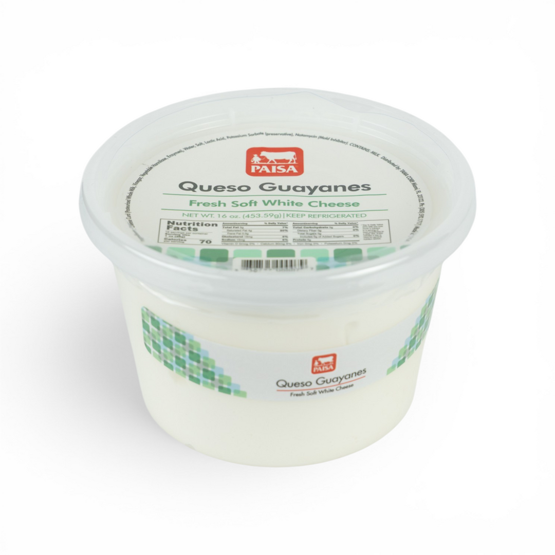 A plastic tub of Aisa Queso Guayanes fresh soft white cheese on a plain white background.