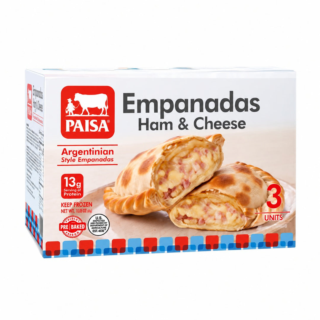 PAISA Empanadas Ham & Cheese frozen food box, showing three baked empanadas with a red PAISA logo and product details on a white background.