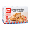 PAISA Empanadas Ham & Cheese frozen food box, showing three baked empanadas with cheese filling on a white background.