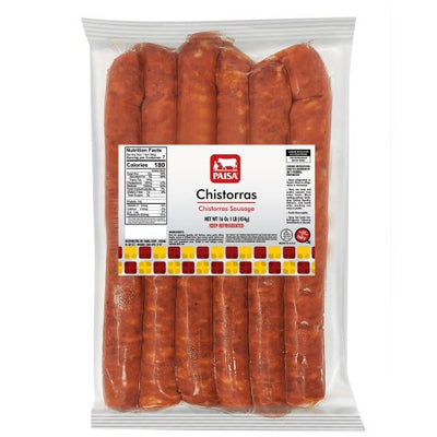 Paisa Chistorras Sausages product. Pack of 6 chistorras  in a white background