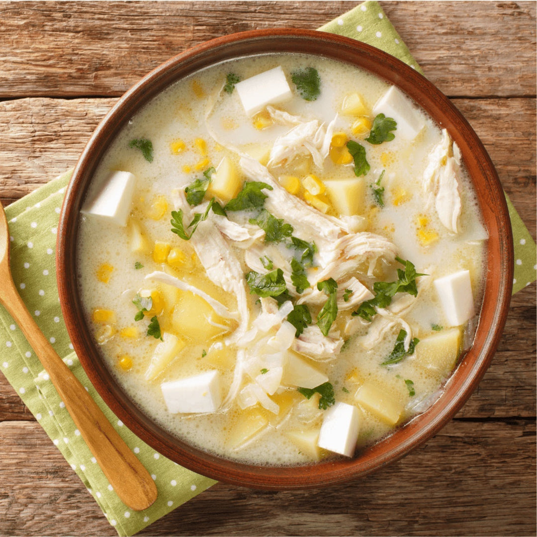 Queso Blanco Paisa - White Cheese cubes in Chupe de Pollo - Chicken Soup